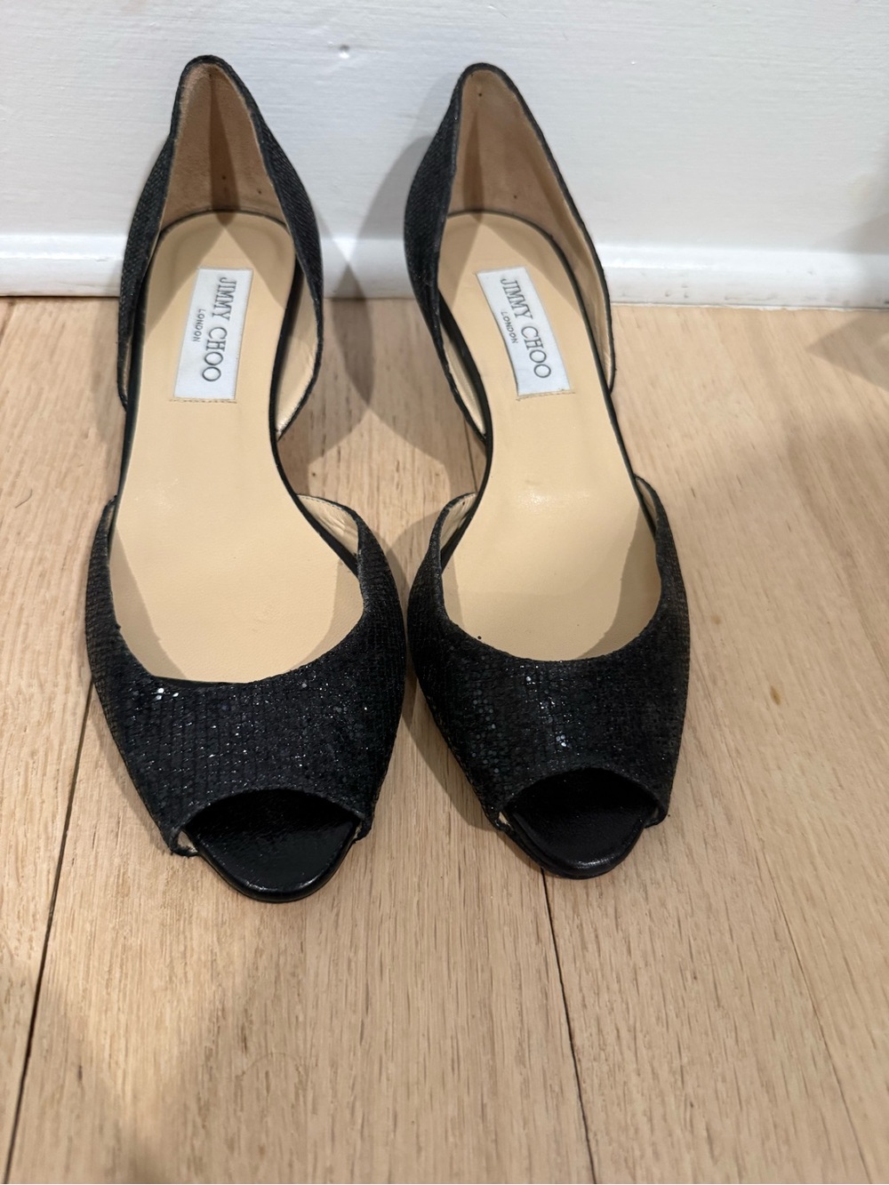 Jimmy Choo Black Sparkle Peep-Toe D'Orsay Heels
